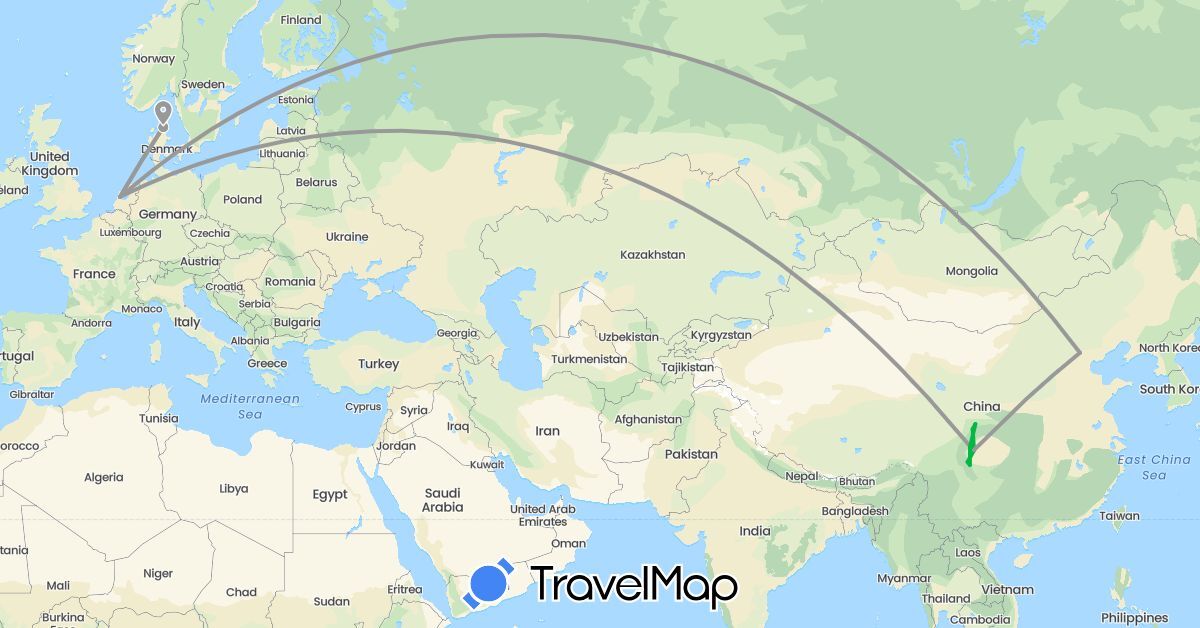 TravelMap itinerary: driving, bus, plane in China, Denmark, Netherlands (Asia, Europe)